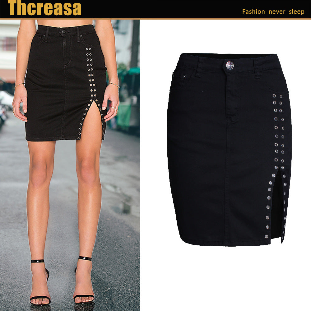 Women's New High Waist Slim Fit Hip Raise Thin Ladies Skirt Metal Rivet Slit Skirt