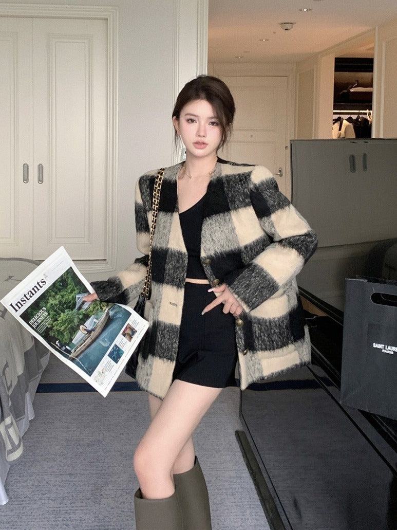 Plaid Spliced Design Woolen Coat For Women Long Sleeve V Neck Single Breasted Causal Loose Coats Female New Clothes