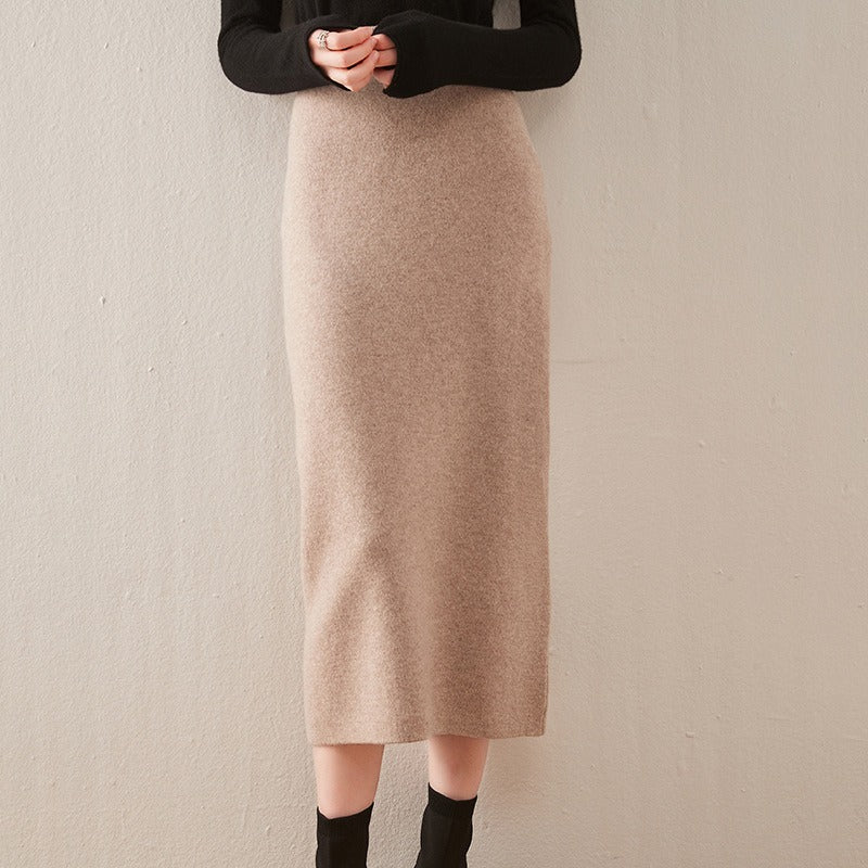 Knitted skirt for women with high waist and buttocks, pure wool knitted one-step skir cashmere mid length skirt