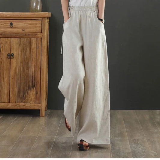 Women Summer Cotton Linen Pants Women Loose Cotton Casual Baggy Pants With Elastic Waist Wide Trousers