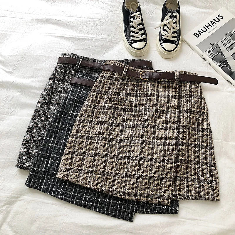 Korean Irregular Lady Skirt Female Autumn Sweet High Waist A-line Mini Skirt Vintage Casual Women Plaid Skirt Chic Sashes