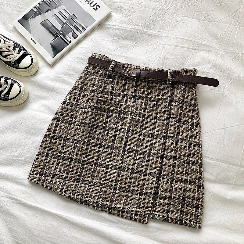 Korean Irregular Lady Skirt Female Autumn Sweet High Waist A-line Mini Skirt Vintage Casual Women Plaid Skirt Chic Sashes